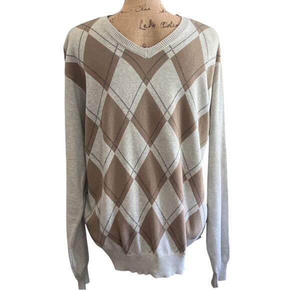 Y2K Vintage IZOD Argyle Sweater Size M Men VNeck Gray Tan Cotton Academia Preppy - Picture 17 of 17